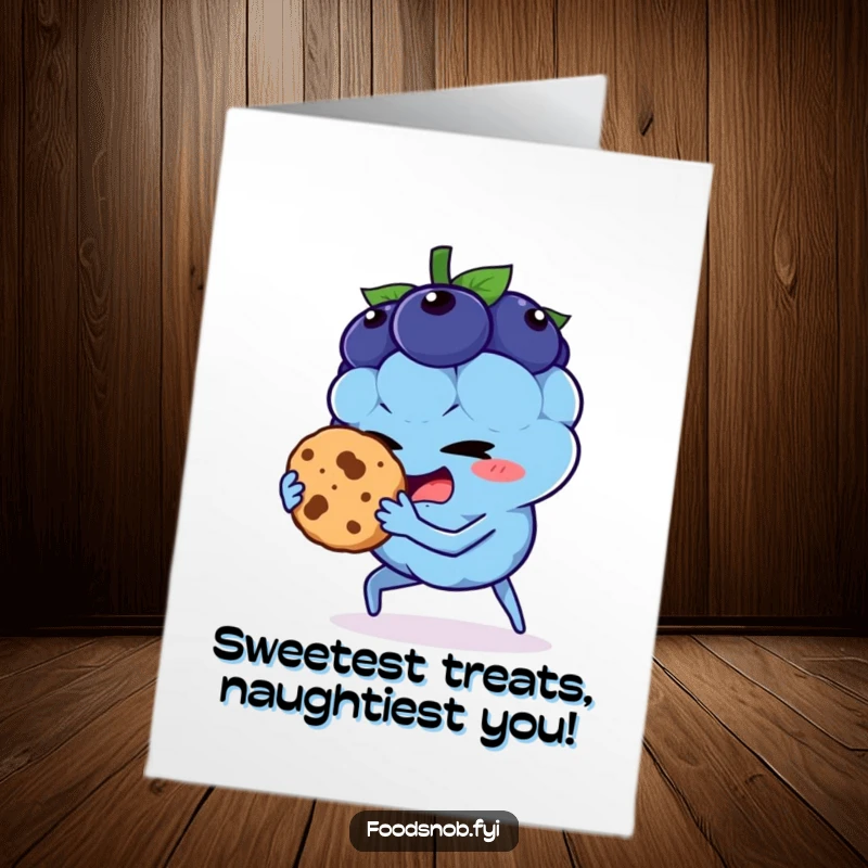 Funny free printable birthday card: mischievous blueberry character attempting to steal a cookie with a guilty expression.