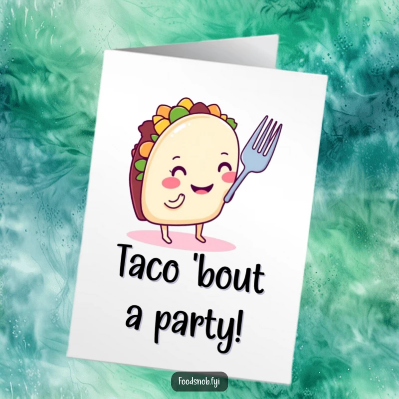 Funny Free Printable Taco Birthday Card: A smiling taco with legs judges a tiny fork with its nose.