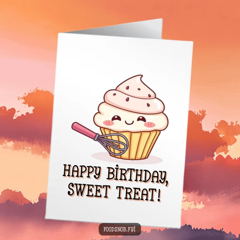 Funny Free Printable Birthday Card: Giggling cupcake character peeking from behind a whisk, cute downloadable gift.
