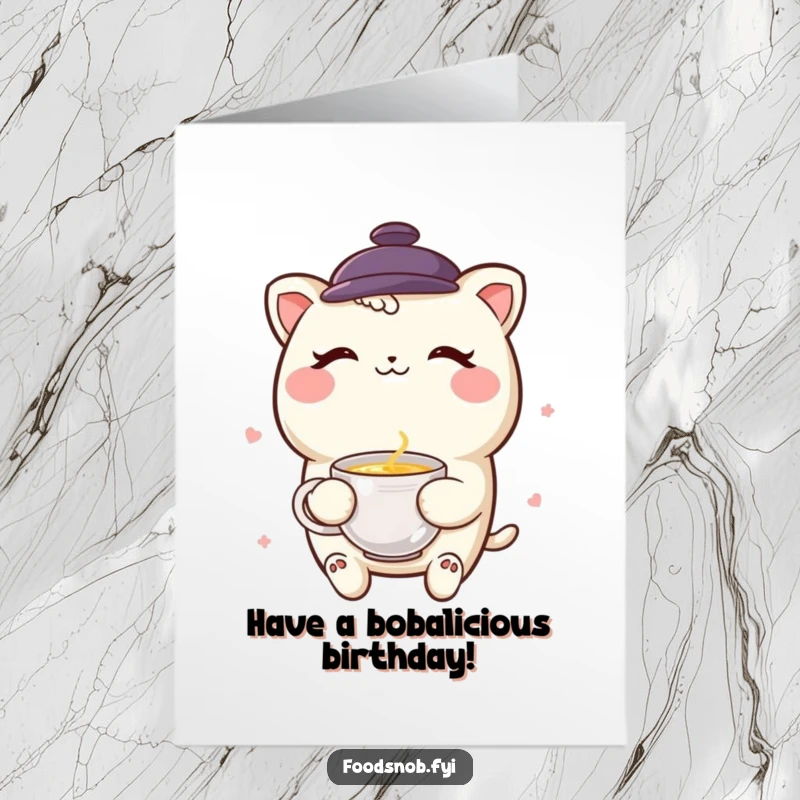 Funny Free Printable Birthday Card: A smiling boba tea character winks playfully while holding a tiny, delicate teacup, celebrating a birthday with style.