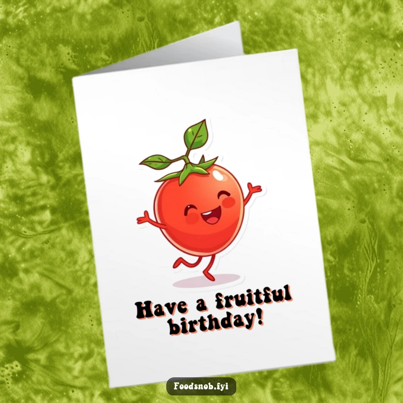 Funny Free Printable Birthday Card: A beaming cherry tomato character with tiny legs performing an energetic cartwheel with a huge smile.