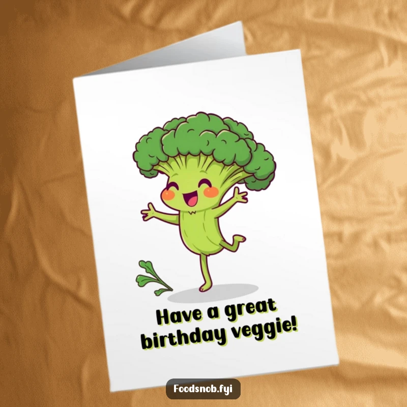 Funny Free Printable Birthday Card: Joyful broccoli character mid-cartwheel, struggling but happy, a unique downloadable gift.