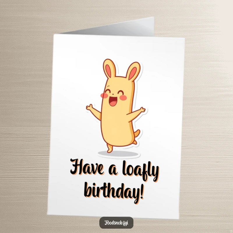 Funny Free Printable Birthday Card: A thrilled baguette character mid-happy hop, smiling broadly, a joyful downloadable greeting.