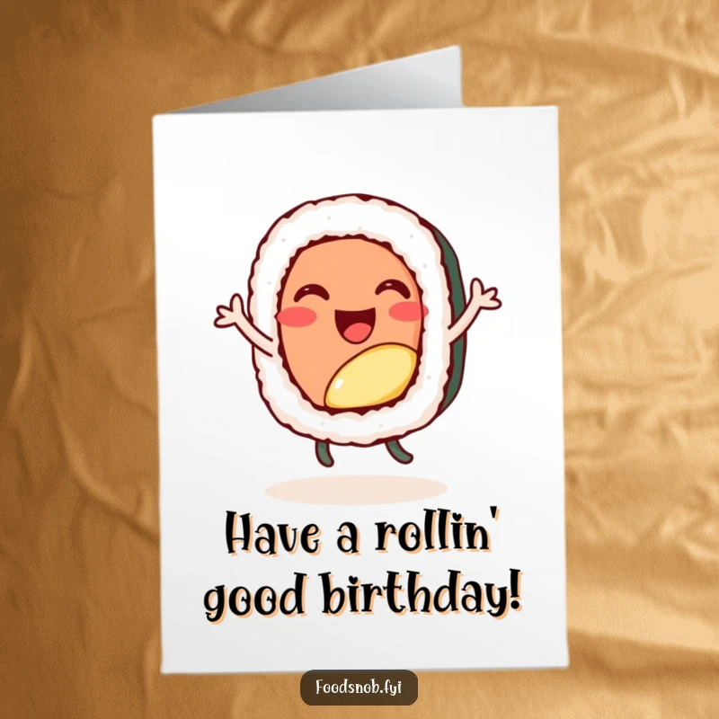 Funny free printable birthday card featuring a cheerful sushi roll character doing a happy dance, a unique and humorous DIY gift.