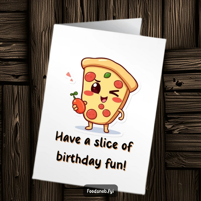 Funny Free Printable Birthday Card: Winking pizza slice character holding a tiny pepperoncini, celebrating birthday.
