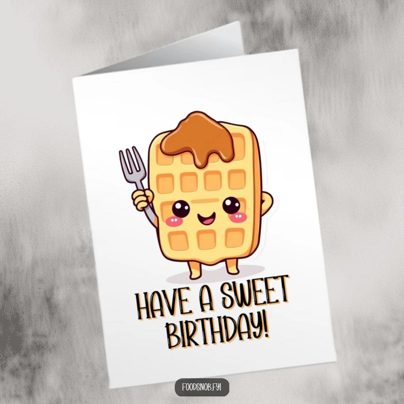 Funny Free Printable Birthday Card: Cheerful waffle character with syrup smile excitedly points upwards with a small fork, celebrating a birthday.