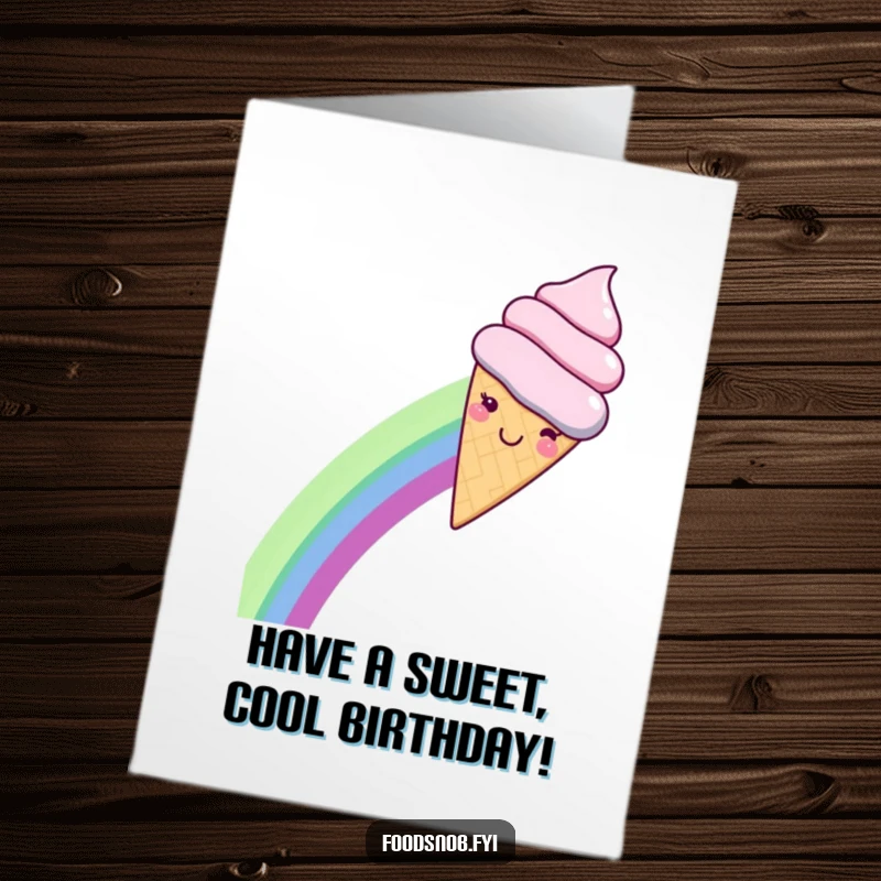 Funny Free Printable Birthday Card: A smiling kawaii ice cream cone joyfully sliding down a vibrant rainbow, a fun DIY greeting.