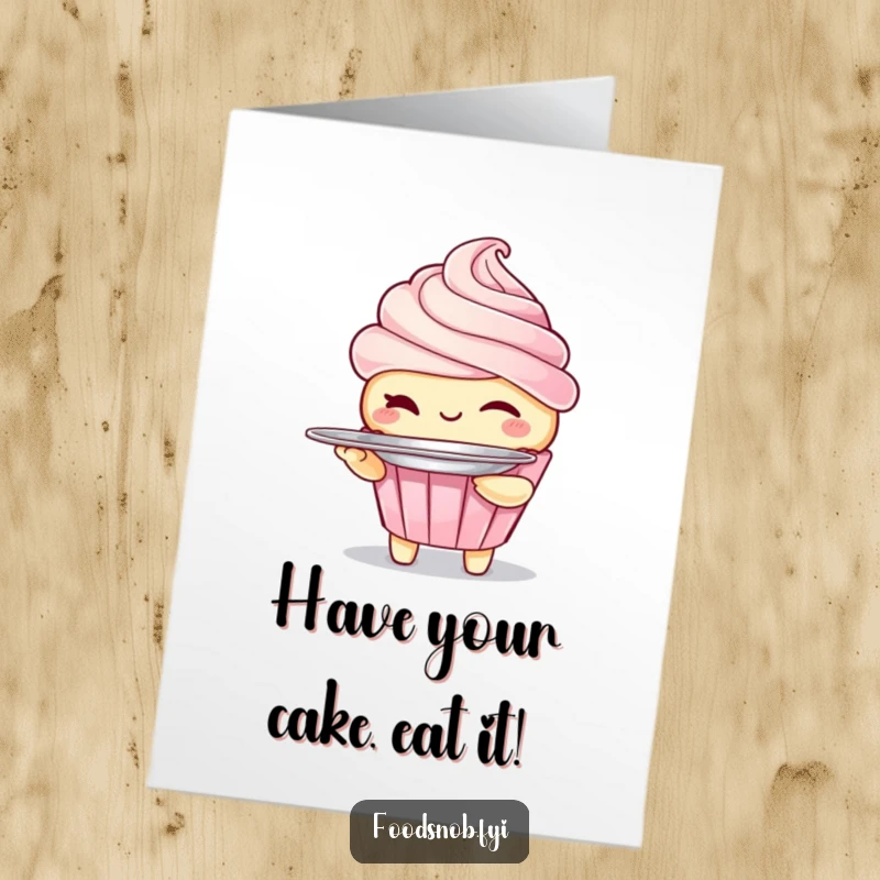 Funny Free Printable Birthday Card: Winking cupcake character holding a tiny silver platter, offering a sweet and humorous birthday wish.