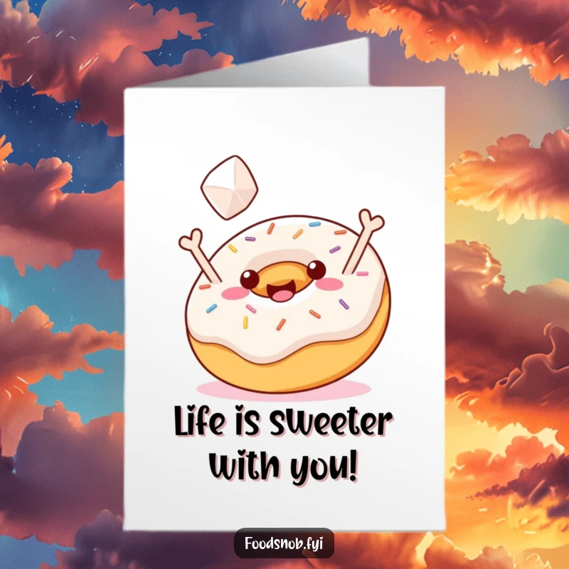 Funny Free Printable Birthday Card: A jubilant donut with colorful sprinkles gleefully tossing a tiny sugar cube upwards.