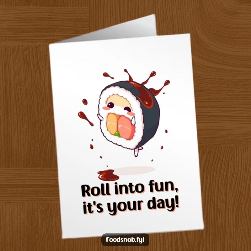 Funny Free Printable Birthday Card: Sushi roll doing a cartwheel, soy sauce splashing, conveying energetic birthday cheer.