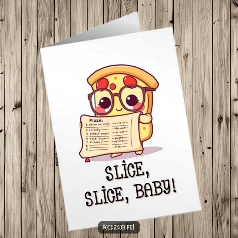Funny Free Printable Birthday Card: A cute pizza slice character wearing glasses studies a detailed recipe on an ancient scroll.