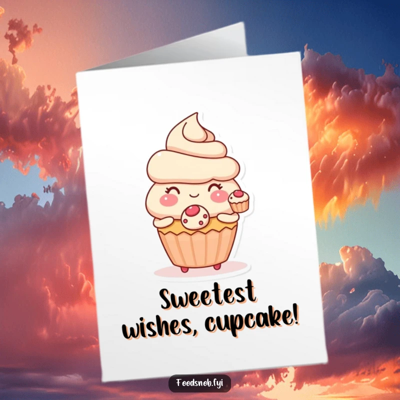 Funny Free Printable Birthday Card: A cute, blushing cupcake character shyly offers a tiny, exquisite pastry to someone.