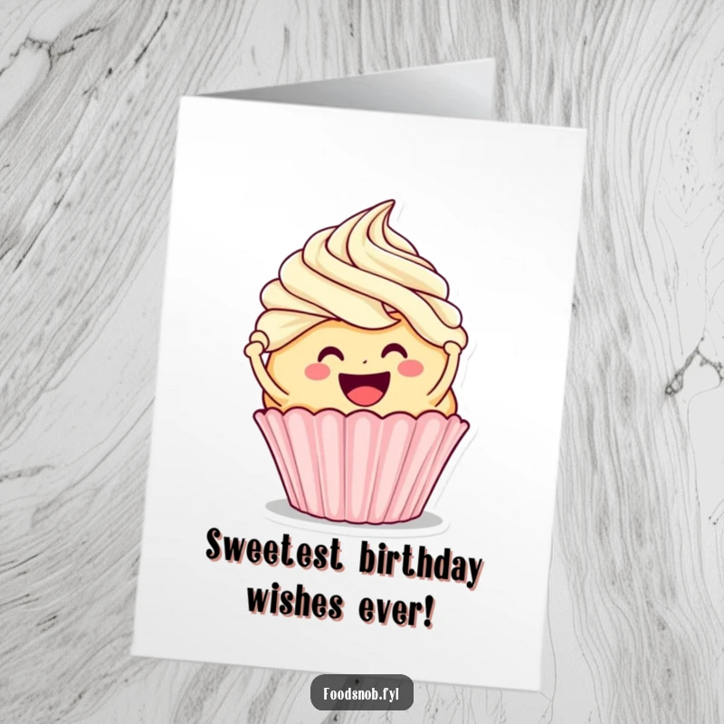 Funny Free Printable Birthday Card: Smiling cupcake character enthusiastically frosts a larger cupcake, celebrating birthdays with sweet charm.