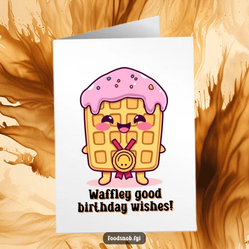 Funny Free Printable Birthday Card: A smiling waffle proudly receiving a tiny medal, a champion of celebration.