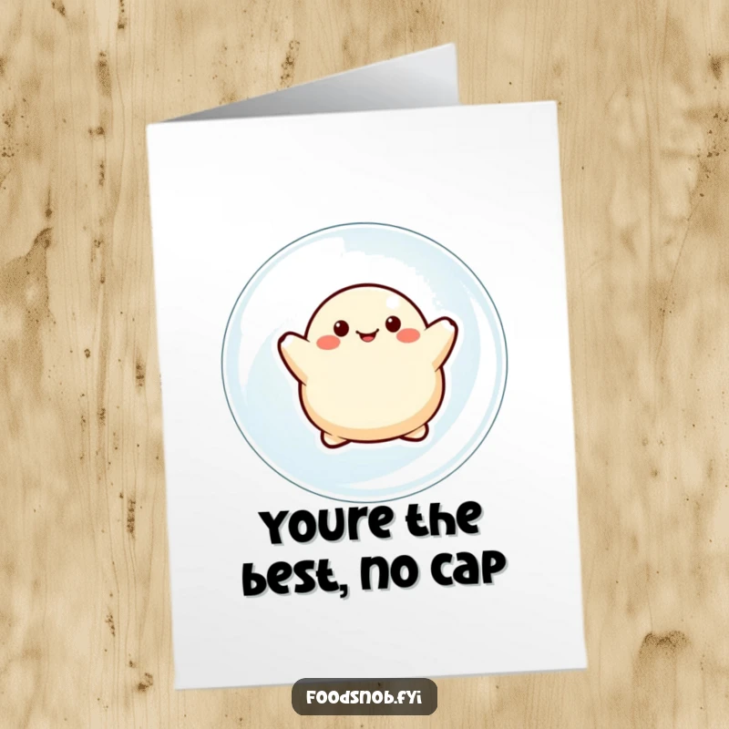 Funny Free Printable Dumpling Birthday Card: A delighted dumpling floats upward on a bubble, spreading birthday cheer. Perfect DIY gift.