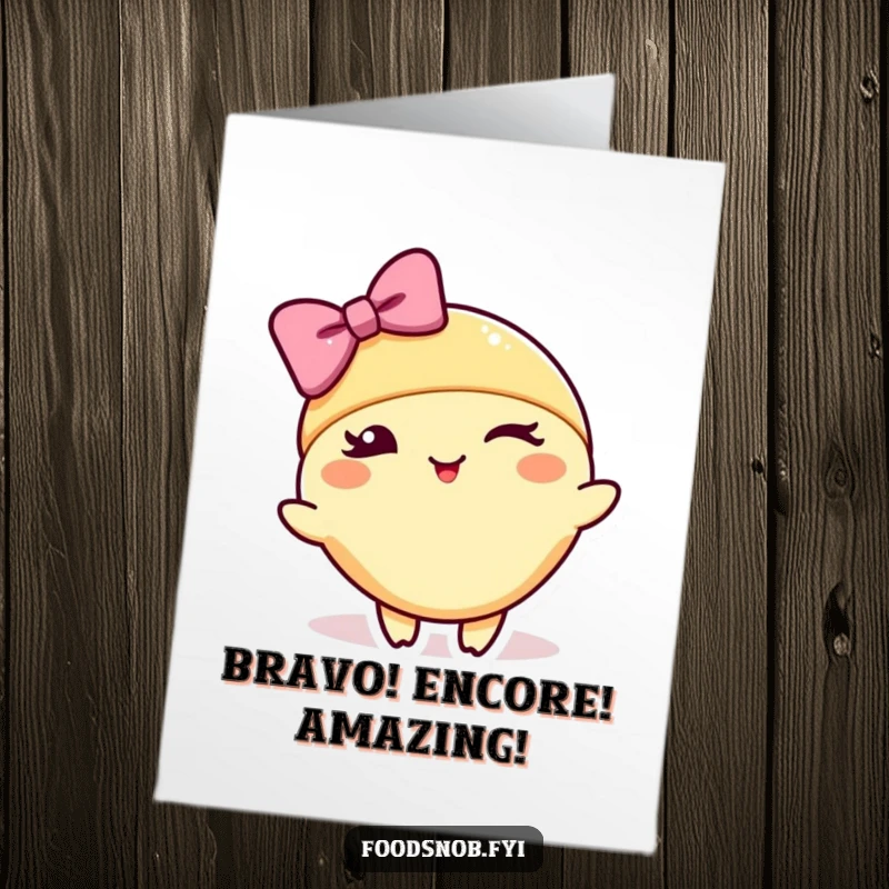 Funny Free Printable Congratulations Card: A charming croissant character winking and bowing stylishly, celebrating a sophisticated achievement.