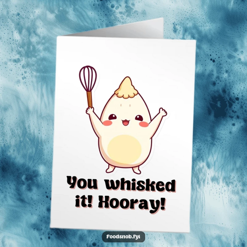 Funny Free Printable Congrats Card: Cheerful burrito chef celebrating a win with a tiny whisk, perfect for any occasion.