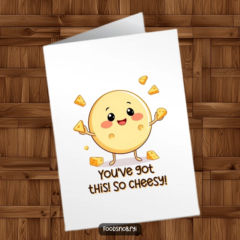 Free Printable Congratulations Card: A smiling cheese character juggling miniature cheese wedges, celebrating success.