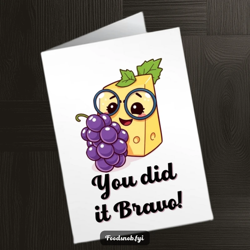 Funny Free Printable Congrats Card: Cheese wedge with monocle admires a tiny grape, a sophisticated way to say well done.