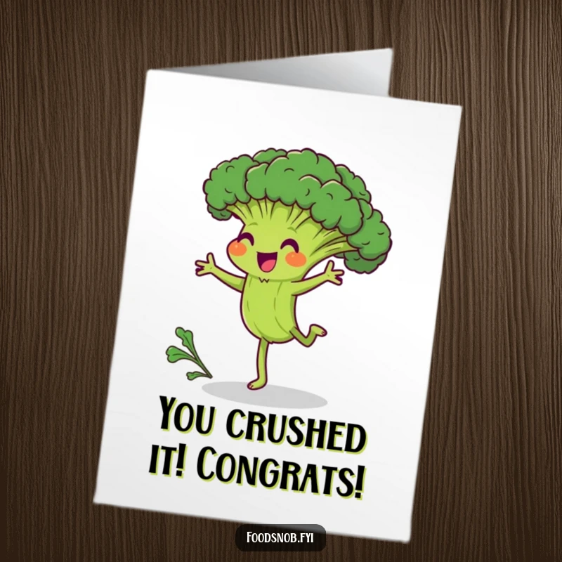 Funny Free Printable Congrats Card: Broccoli character attempting a cartwheel with great effort, a funny downloadable art.