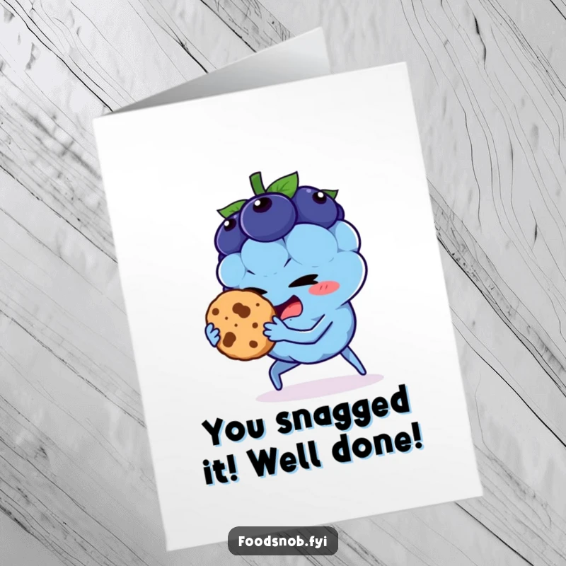 Funny free printable congratulations card: a mischievous blueberry character caught holding a cookie with a surprised look.
