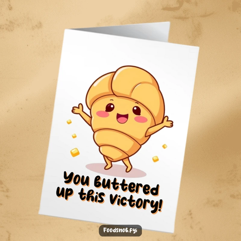 Funny Free Printable Congrats Card: Happy croissant character dancing with butter pats, celebrating success.