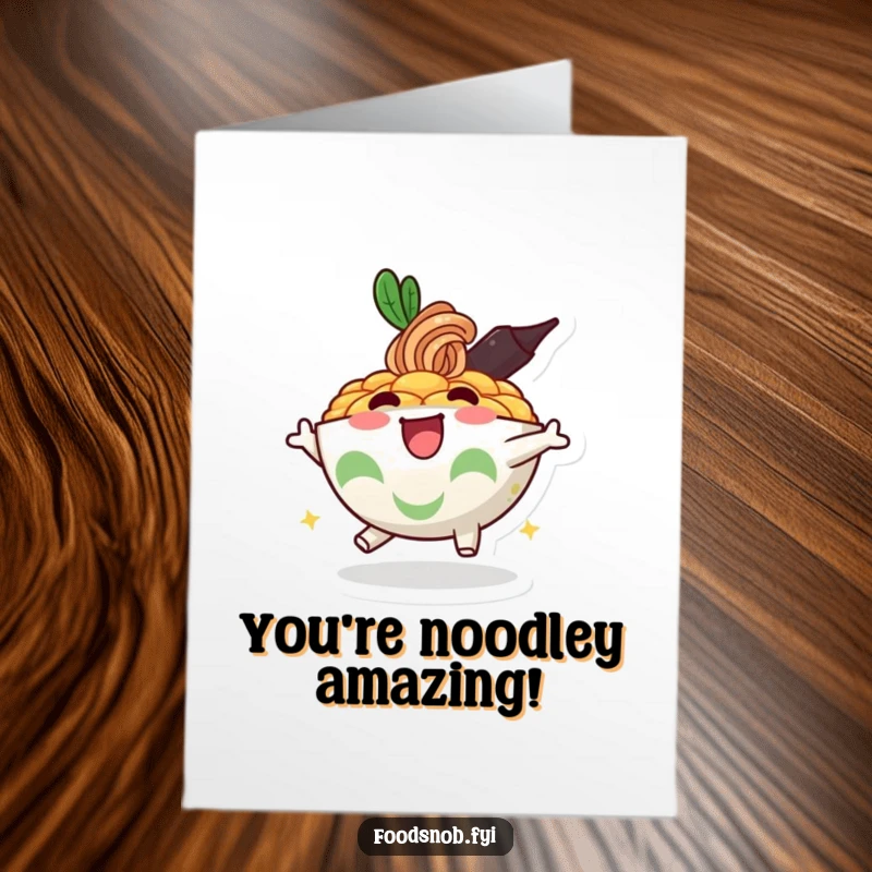 Funny Free Printable Congrats Card: An enthusiastic ramen bowl character bounces with glee, celebrating a fantastic accomplishment.