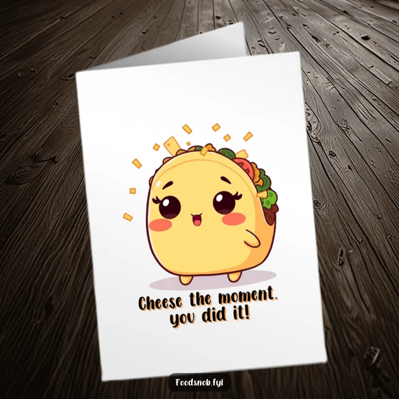 Funny Free Printable Congratulations Card: A surprised kawaii taco raining cheese, perfect for celebrating any momentous achievement.