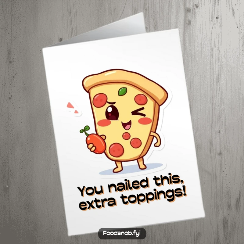 Funny Free Printable Congrats Card: Mischievous pizza slice winking and holding a pepperoncini, congratulating achievement.