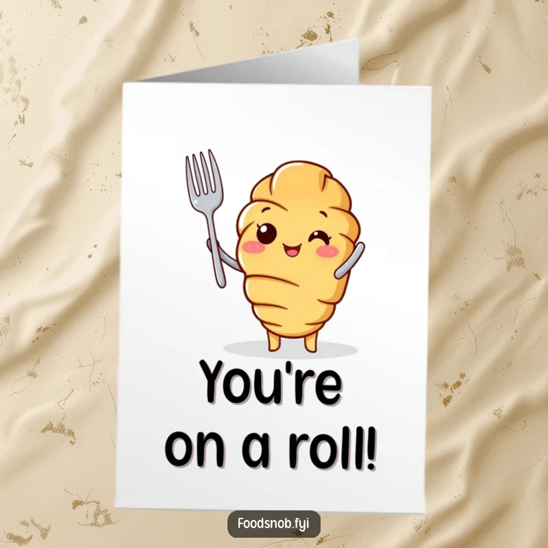 Funny Free Printable Congratulations Card: A cheerful croissant character holding a tiny fork aloft, making a proud toast to success.