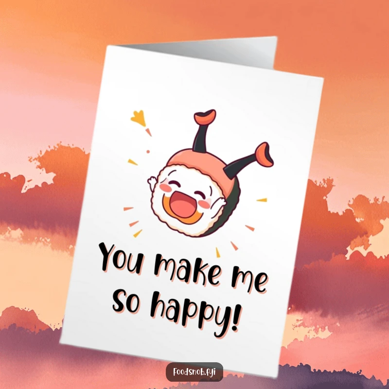 Funny Free Printable Congrats Card: Overjoyed sushi piece doing a celebratory somersault, cheering for success with hilarious flair, a downloadable treat.