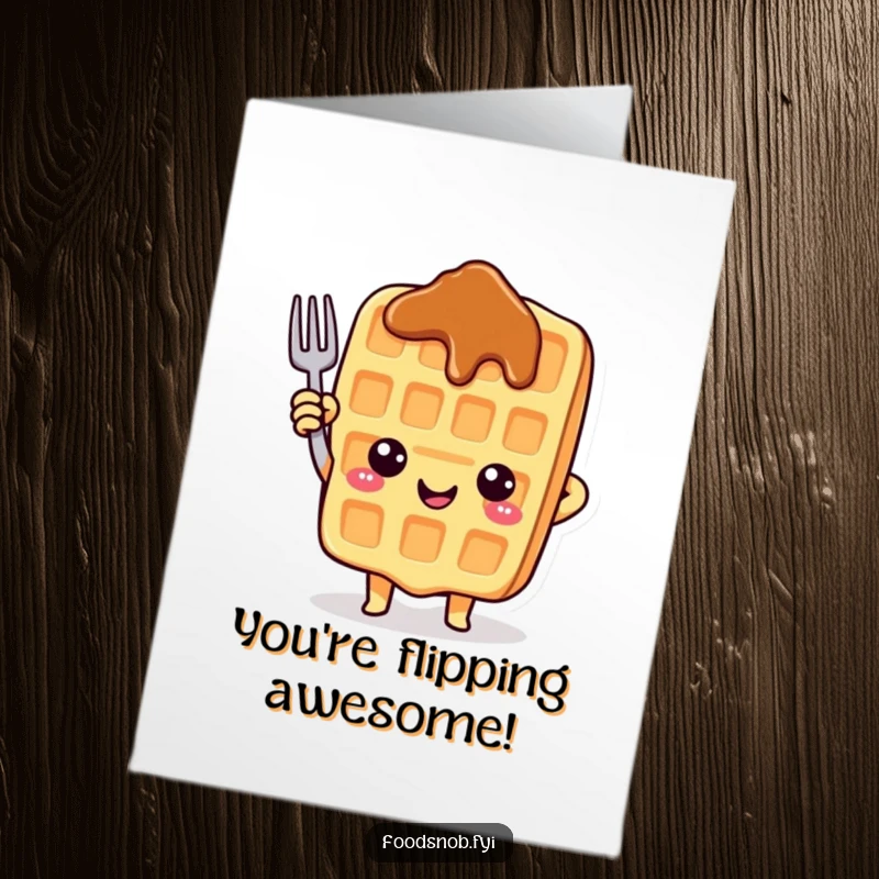 Funny Free Printable Congrats Card: A cheerful waffle character with a syrup smile points upwards, marking a significant success.