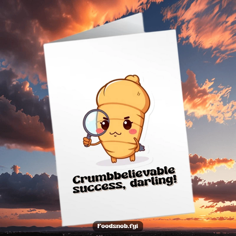 Funny Free Printable Croissant Congratulations Card: A haughty croissant with pursed lips holds a tiny magnifying glass.