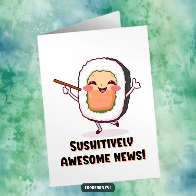 Funny Free Printable Congratulations Card: A happy sushi roll character dancing with chopsticks, celebrating a big achievement.