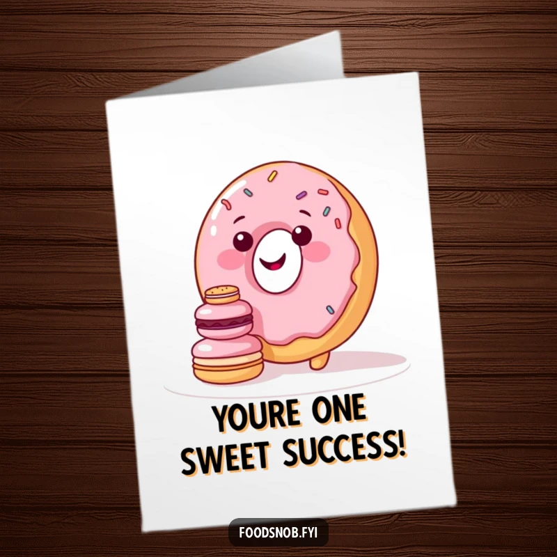 Funny Free Printable Congratulations Card: A smiling donut character with sprinkles attempts to build a precarious tower of tiny macarons.