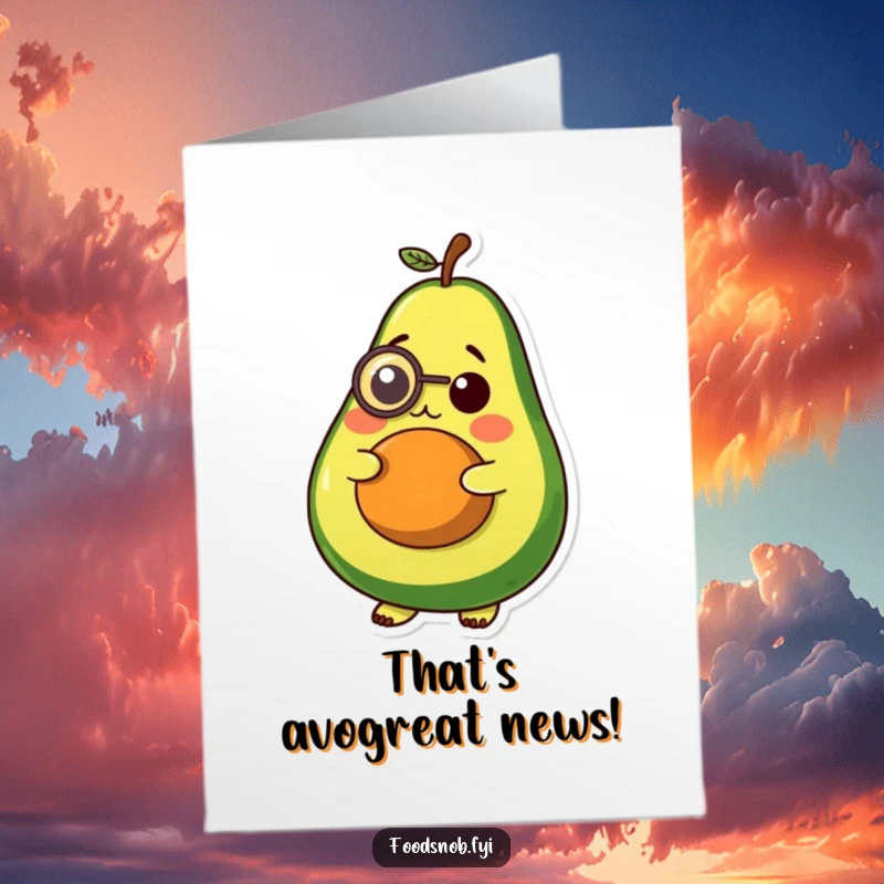 Funny free printable congratulations card with a plump avocado sporting a monocle and a thoughtful look, a classy DIY present.