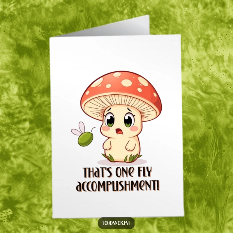 Funny Free Printable Congratulations Card: Wide-eyed mushroom character startled by a tiny olive whizzing by, capturing a moment of shock.