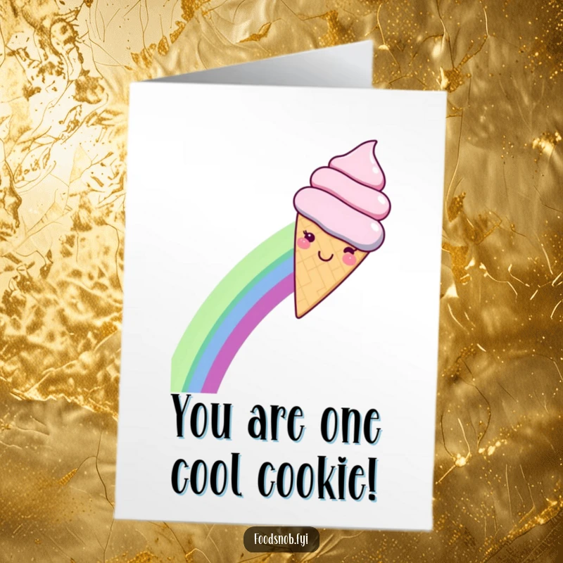 Funny Free Printable Congratulations Card: A happy kawaii ice cream cone slides down a rainbow, celebrating sweet success.