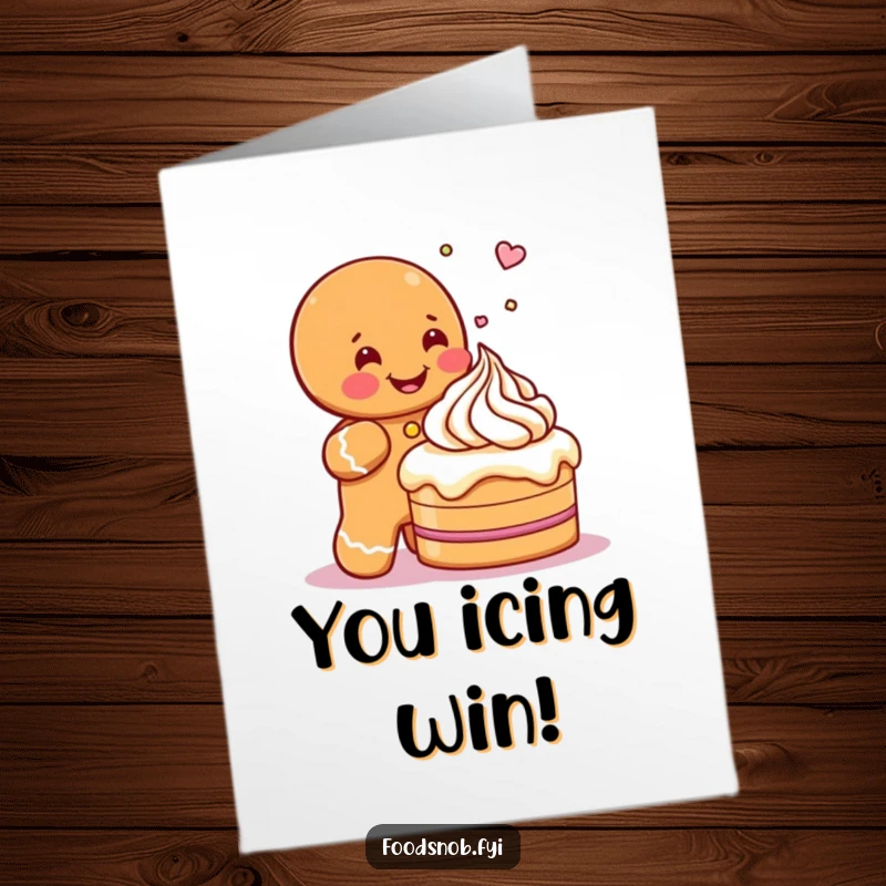 Funny Free Printable Congratulations Card: Gleeful gingerbread man character icing a cake, celebrating an achievement with joy.