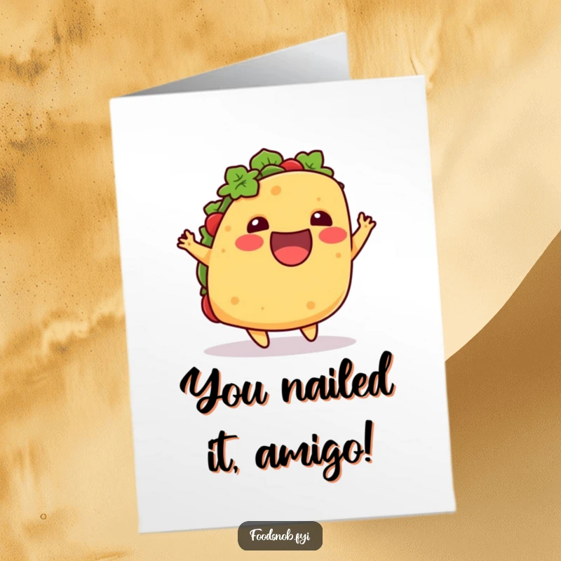 Funny Free Printable Congratulations Card: An excited taco performing a playful hop upwards, symbolizing an exciting new achievement.