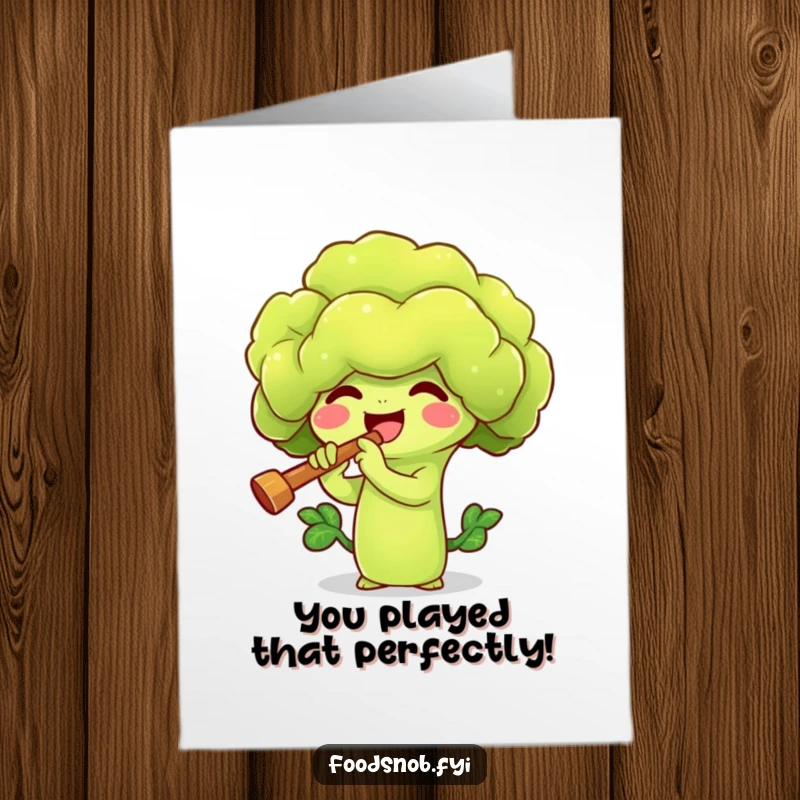 Funny Free Printable Congratulations Card: Broccoli sprout character playing a tiny flute, celebrating success with a downloadable musical flourish.