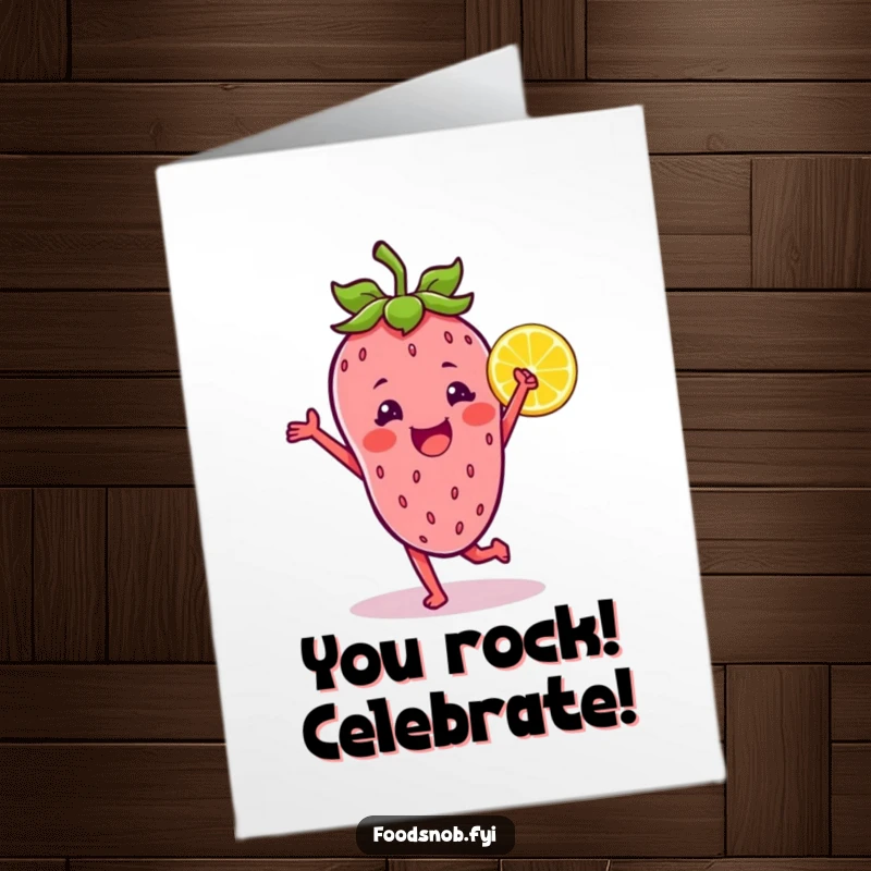 Funny Free Printable Congratulations Card: A happy strawberry character dancing with a lemon wedge, celebrating a sweet success.
