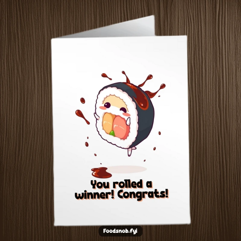 Free Printable Congratulations Card: A sushi roll doing a cartwheel with soy sauce splashing, celebrating success with energy.