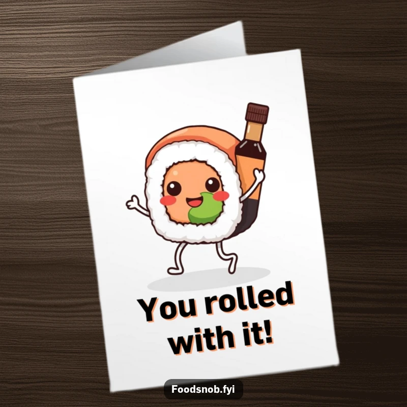 Funny Free Printable Congrats Card: A happy Kawaii sushi roll with legs dances joyfully with a tiny soy sauce bottle.
