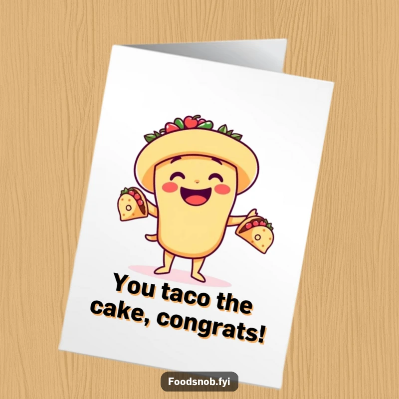 Funny Free Printable Congrats Card: Happy taco juggling miniature tacos to celebrate achievements.