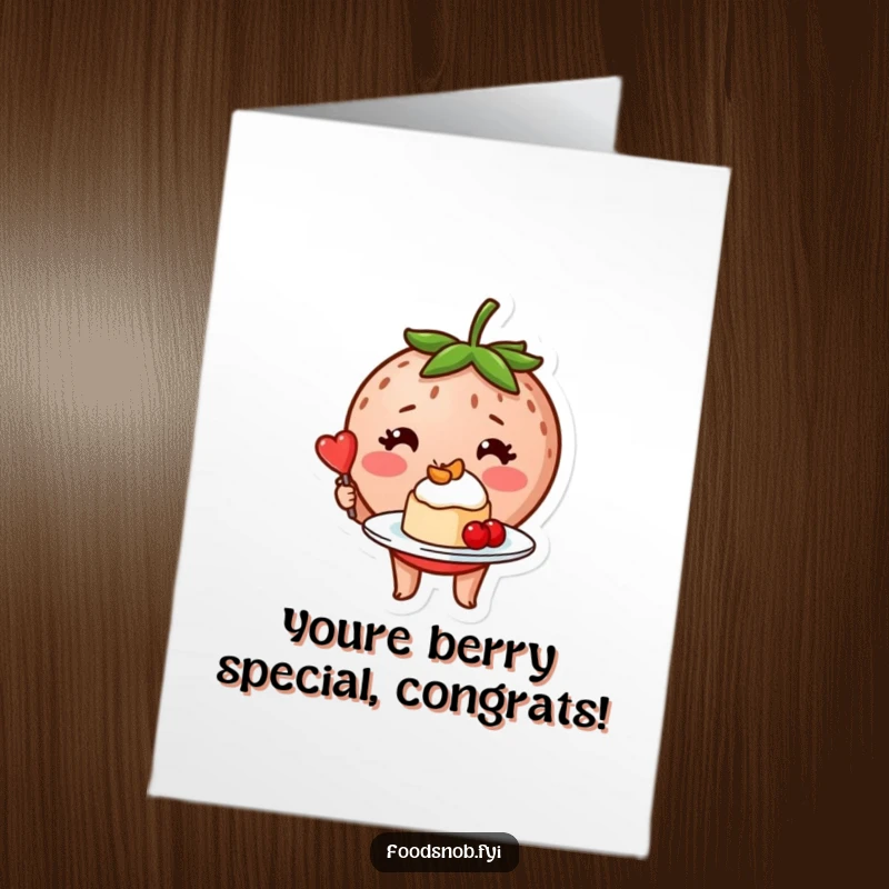 Funny Free Printable Congratulations Card: A blushing strawberry character beaming with pride while offering a tiny, beautifully plated dessert, celebrating success.