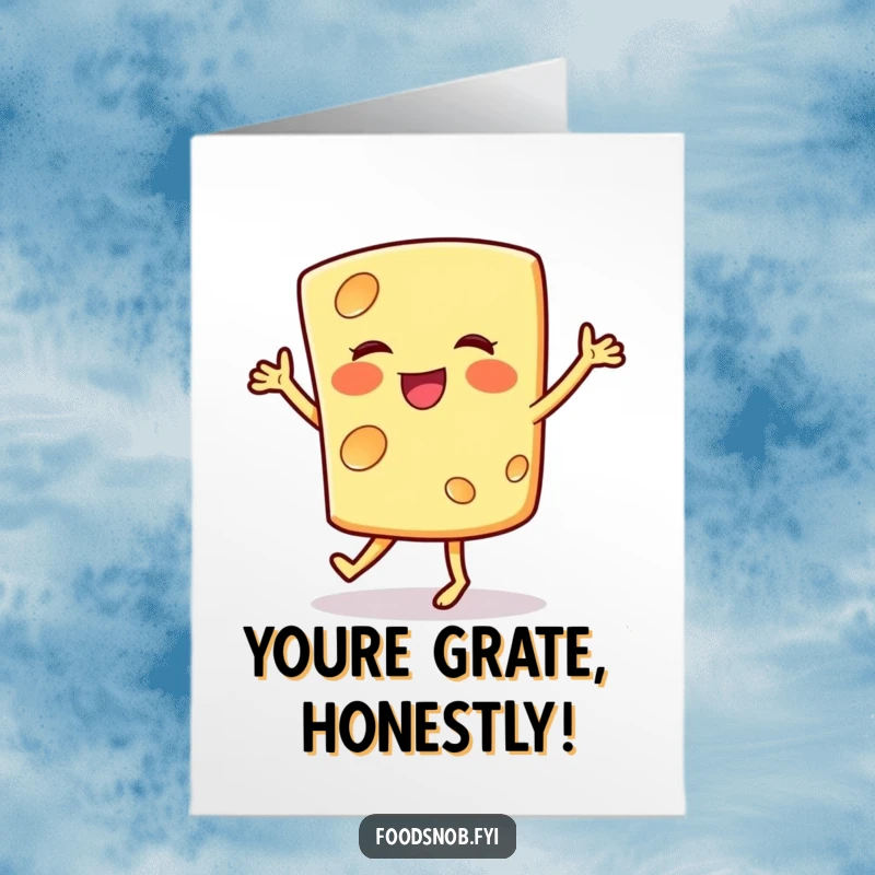 Funny Free Printable Congratulations Card: A smiling cheese slice performs a happy jig, celebrating a truly grate accomplishment.