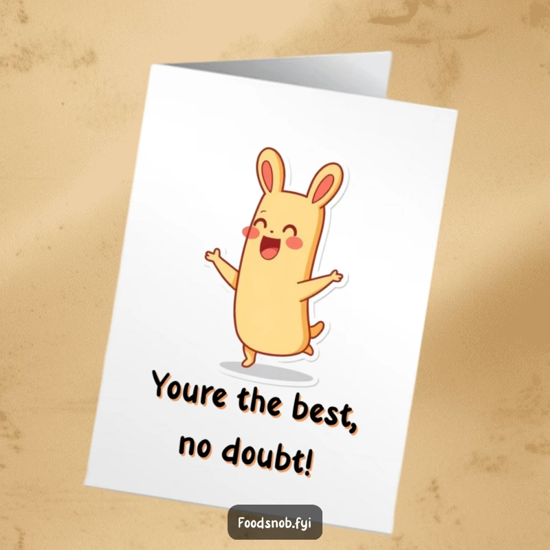 Funny Free Printable Congratulations Card: A thrilled baguette character caught mid-hop with a wide smile, celebrating success, a downloadable delight.