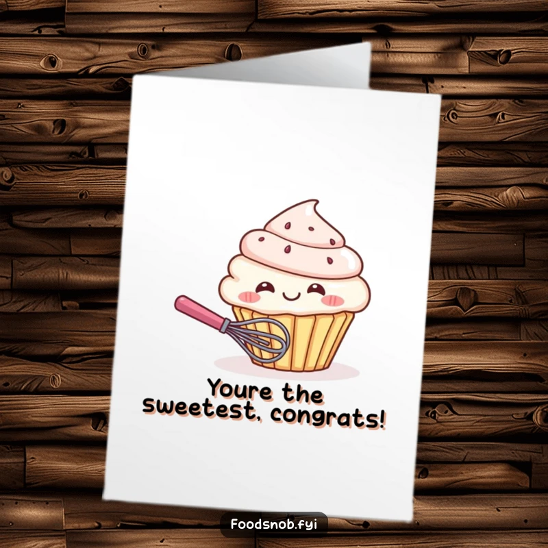 Funny Free Printable Congrats Card: Giggling cupcake character hiding playfully behind a whisk, a charming downloadable art.