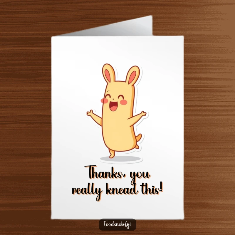 Funny Free Printable Thank You Card: A thrilled baguette character doing a happy hop with a big smile, a downloadable thanks.